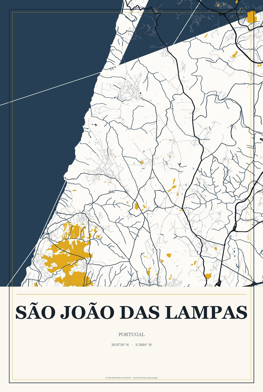 São João das Lampas, Portugal City Map Aluminum Sign in Citrine Modern style