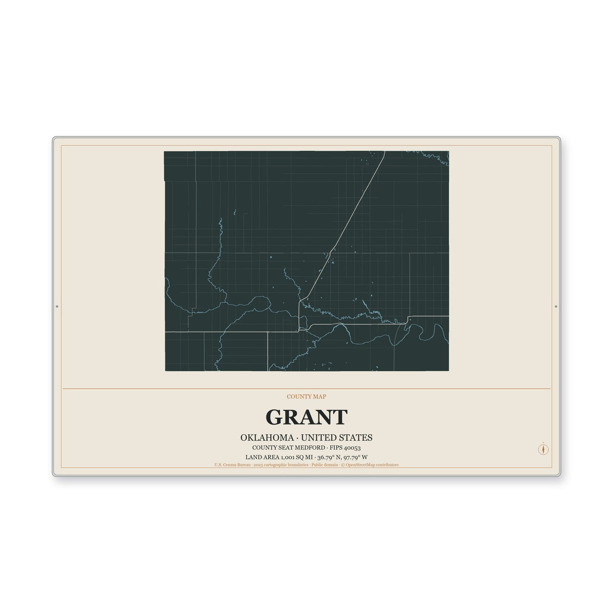 Grant County, Oklahoma Map Aluminum Sign in Headline Atlas style