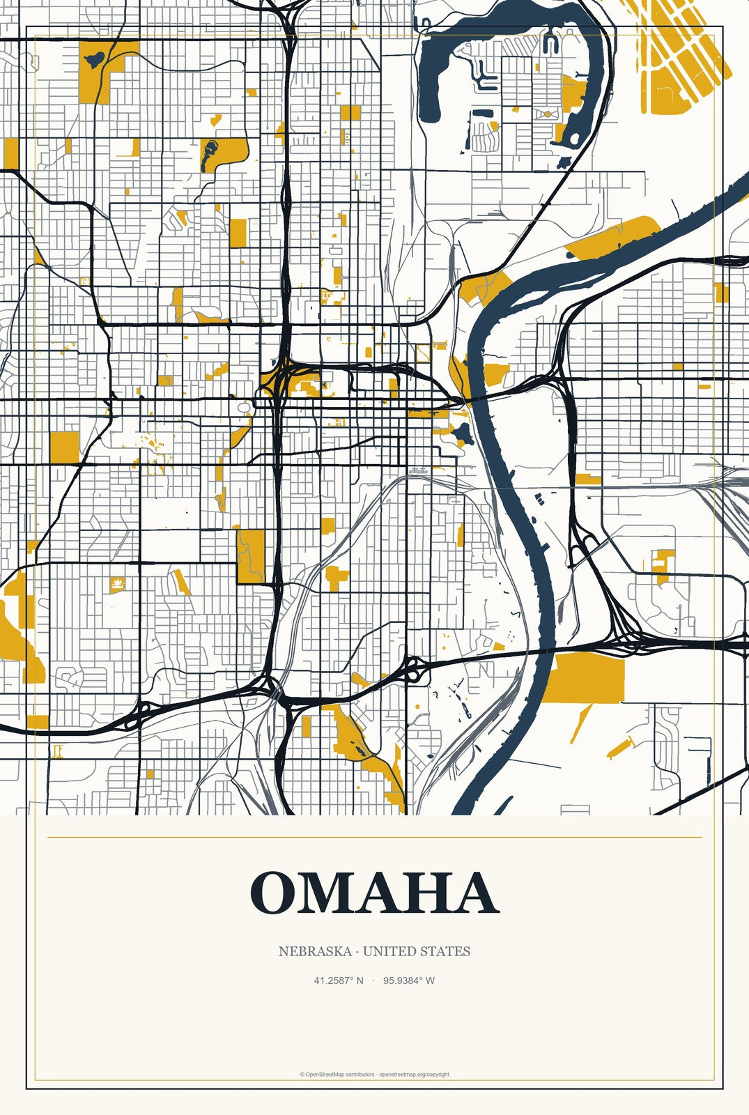 Omaha, Nebraska City Map Aluminum Sign in Citrine Modern style