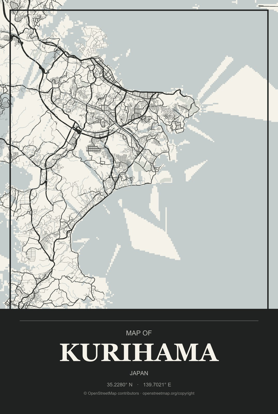 Kurihama, Japan City Map Aluminum Sign in Museum Plaque style