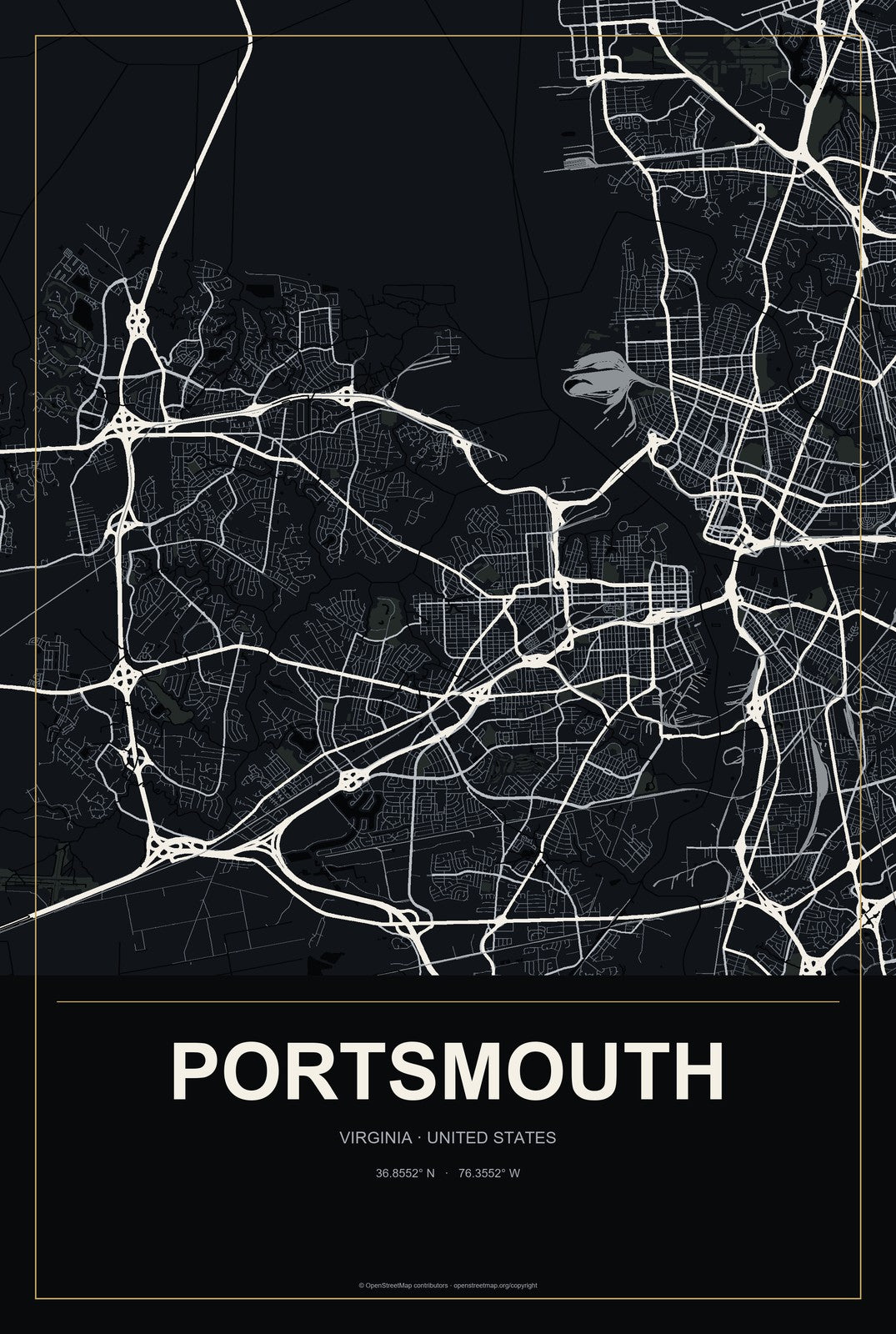 Portsmouth, Virginia City Map Aluminum Sign in Metropolitan Noir style