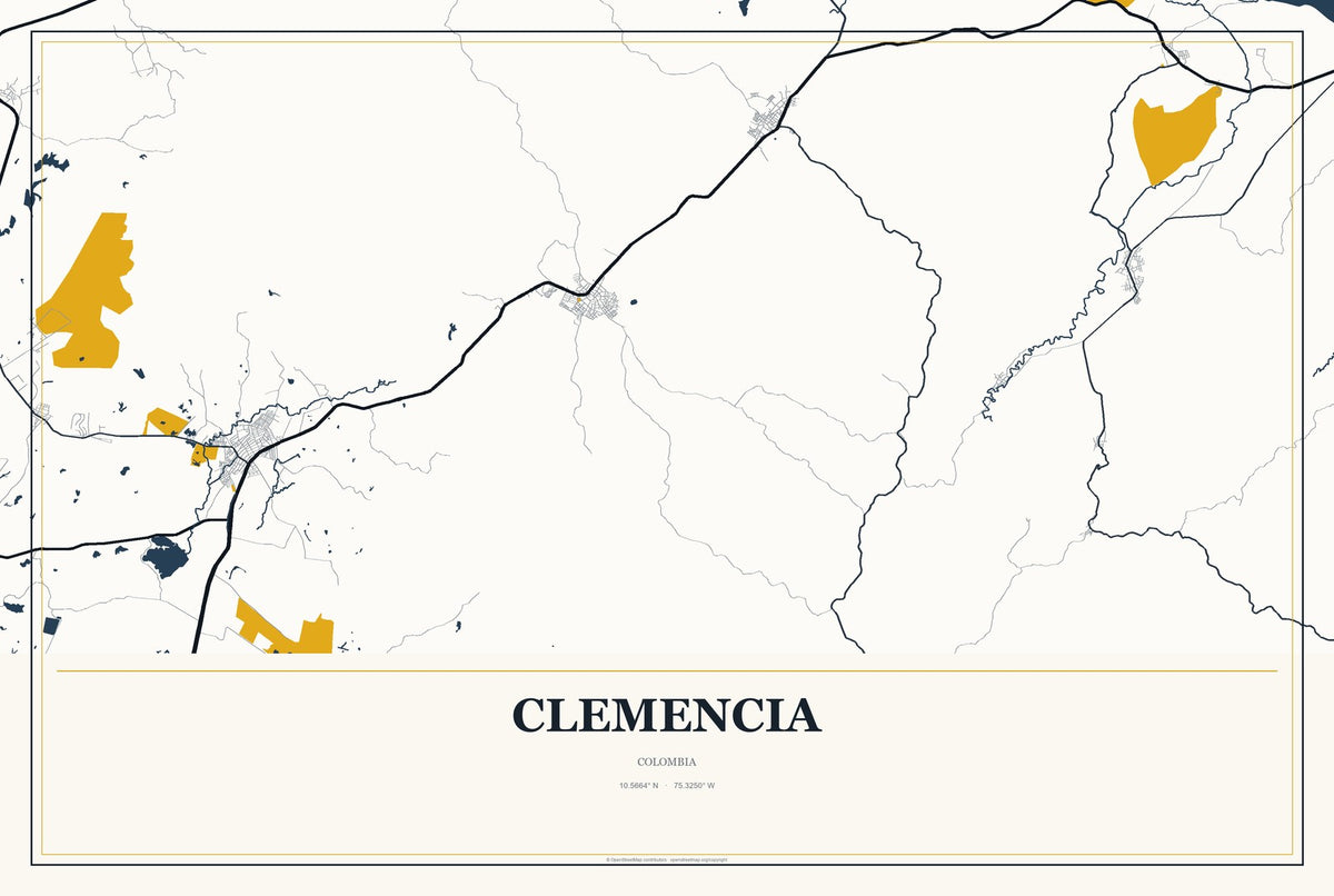 Clemencia, Colombia City Map Aluminum Sign in Citrine Modern style