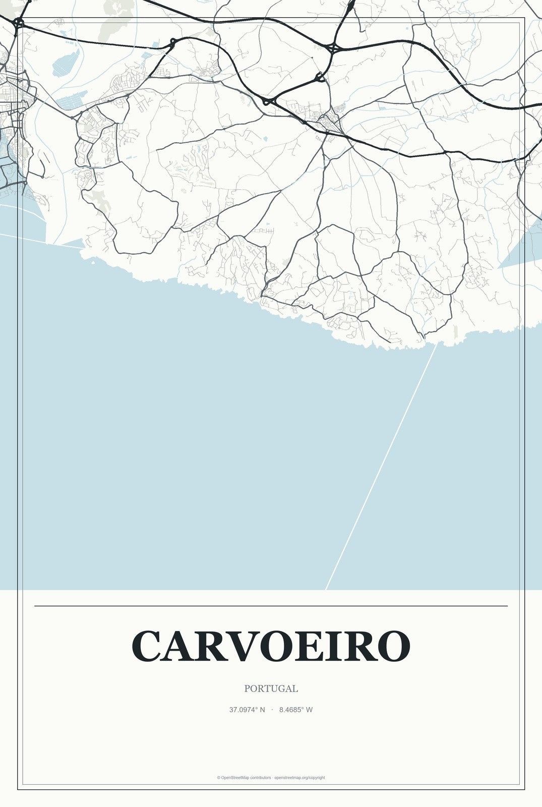 Carvoeiro, Portugal City Map Aluminum Sign in Gallery Air style