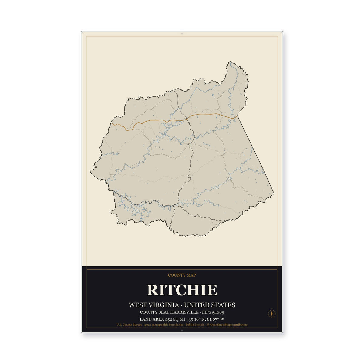Ritchie County, West Virginia Map Aluminum Sign in Museum Plaque style