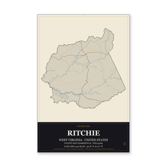 Ritchie County, West Virginia Map Aluminum Sign in Museum Plaque style