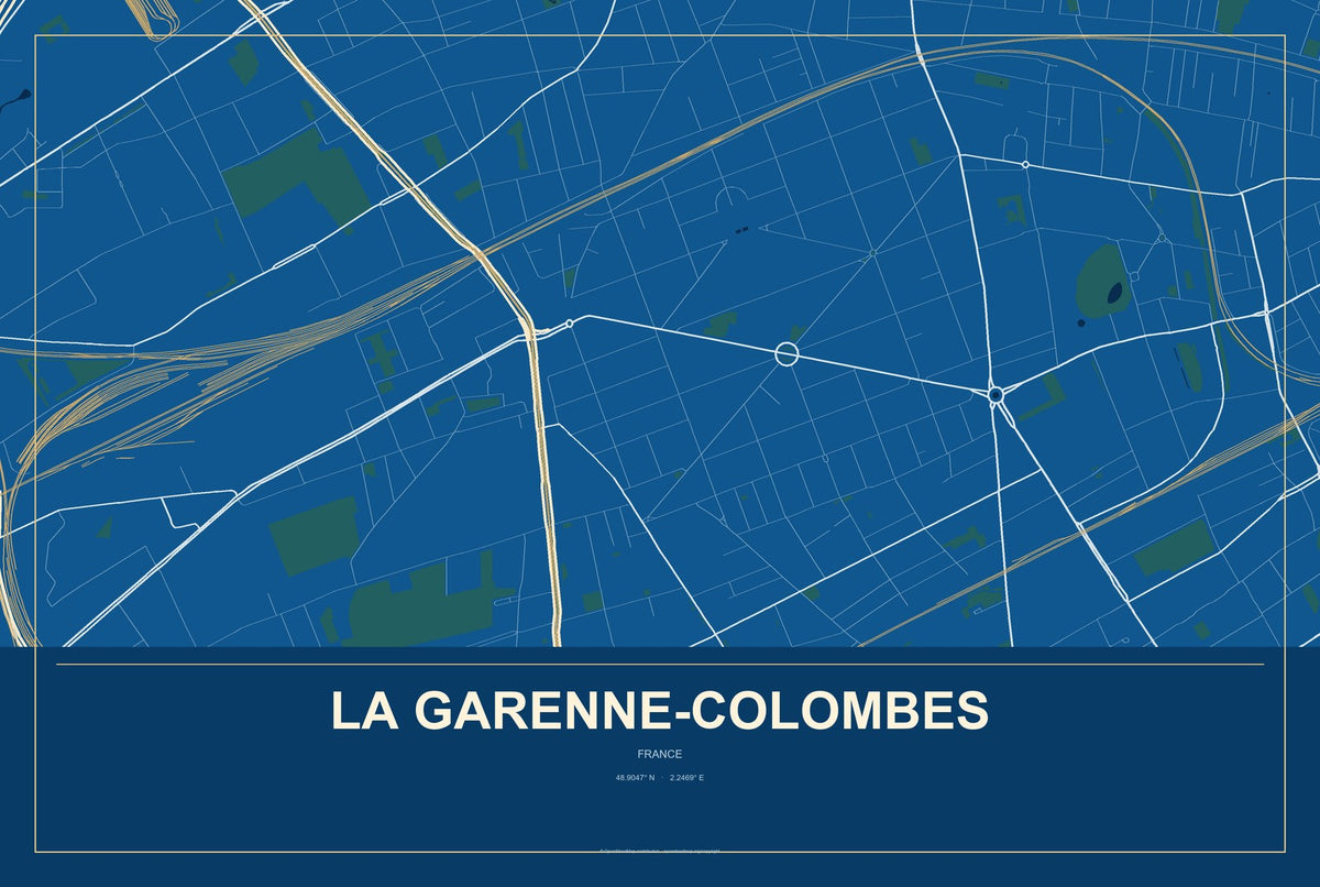 La Garenne-Colombes, France City Map Aluminum Sign in Harbor Cobalt style