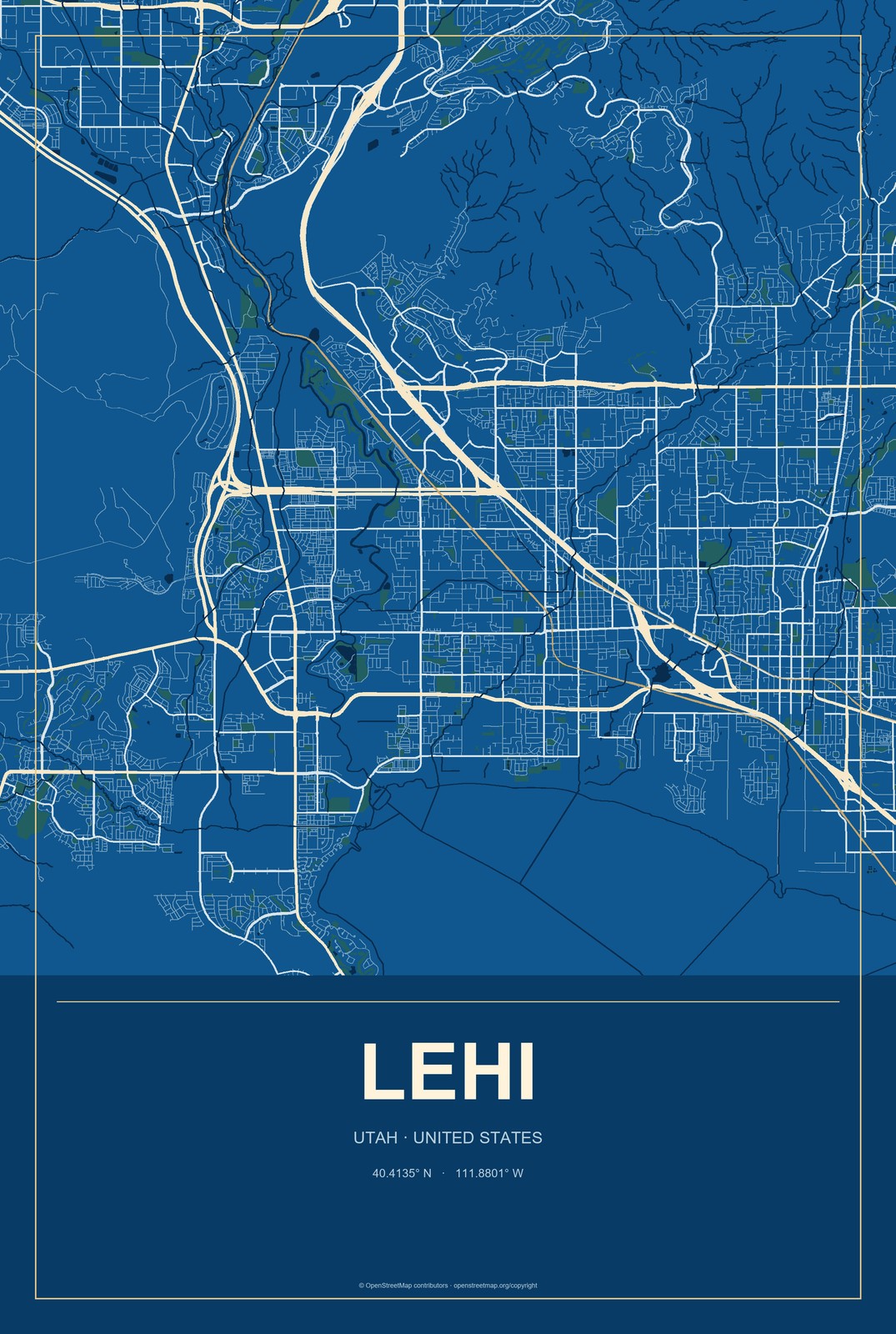 Lehi, Utah City Map Aluminum Sign in Harbor Cobalt style
