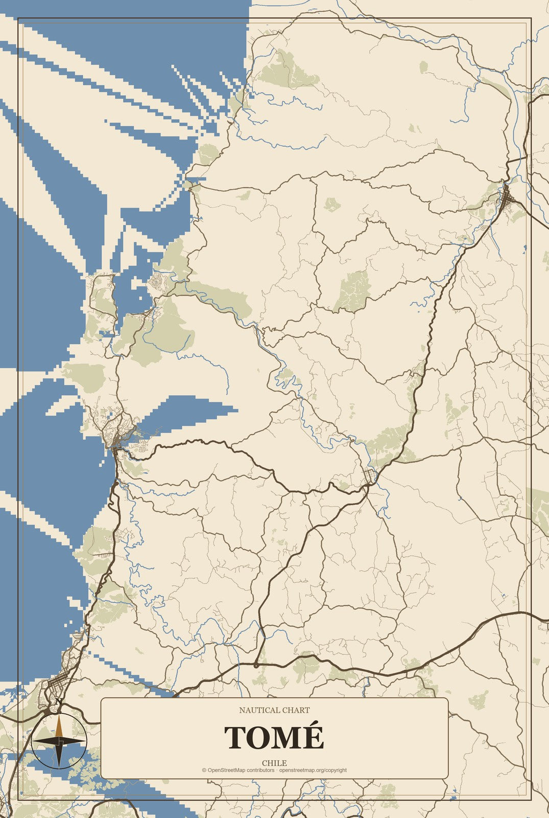 Tomé, Chile City Map Aluminum Sign in Heritage Nautical style