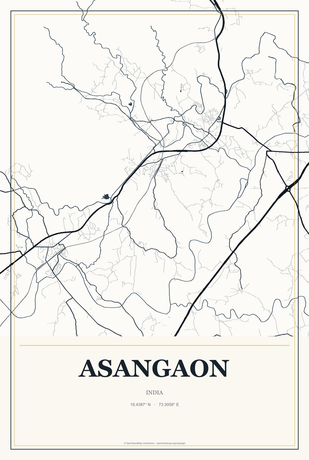Asangaon, India City Map Aluminum Sign in Citrine Modern style