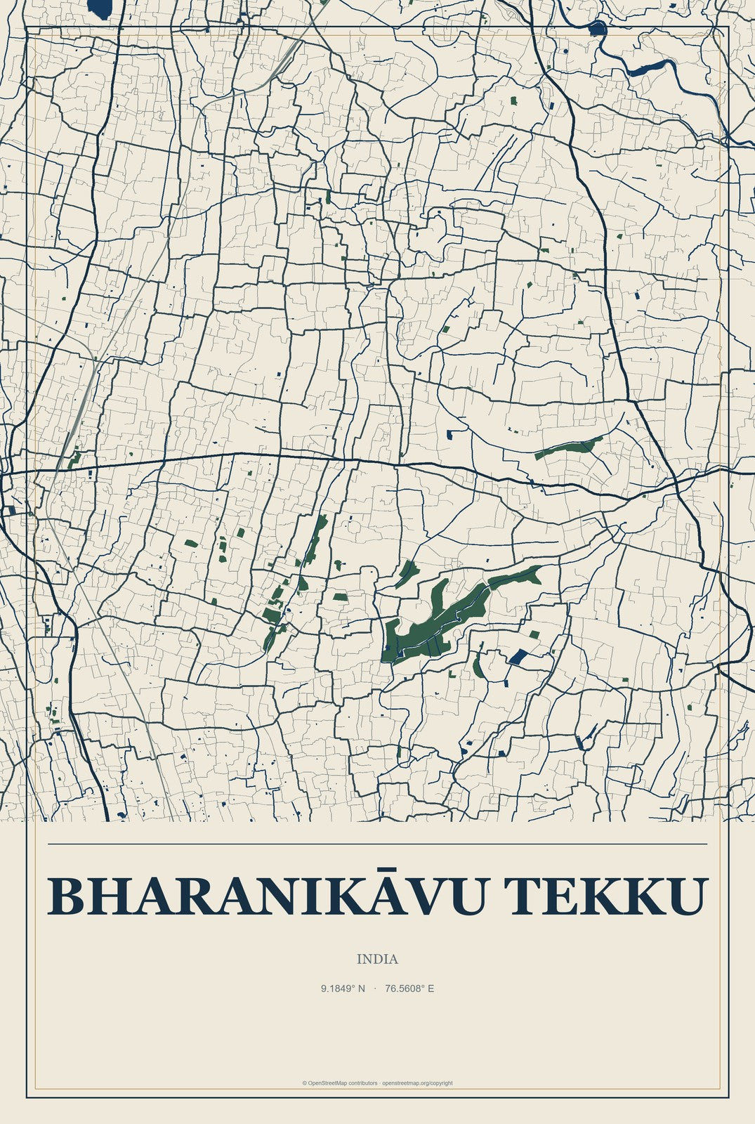Bharanikāvu Tekku, India City Map Aluminum Sign in Coastal Cutout style