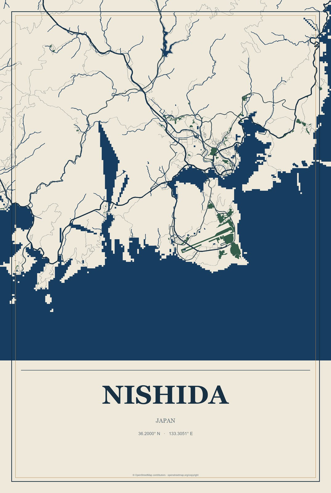Nishida, Japan City Map Aluminum Sign in Coastal Cutout style