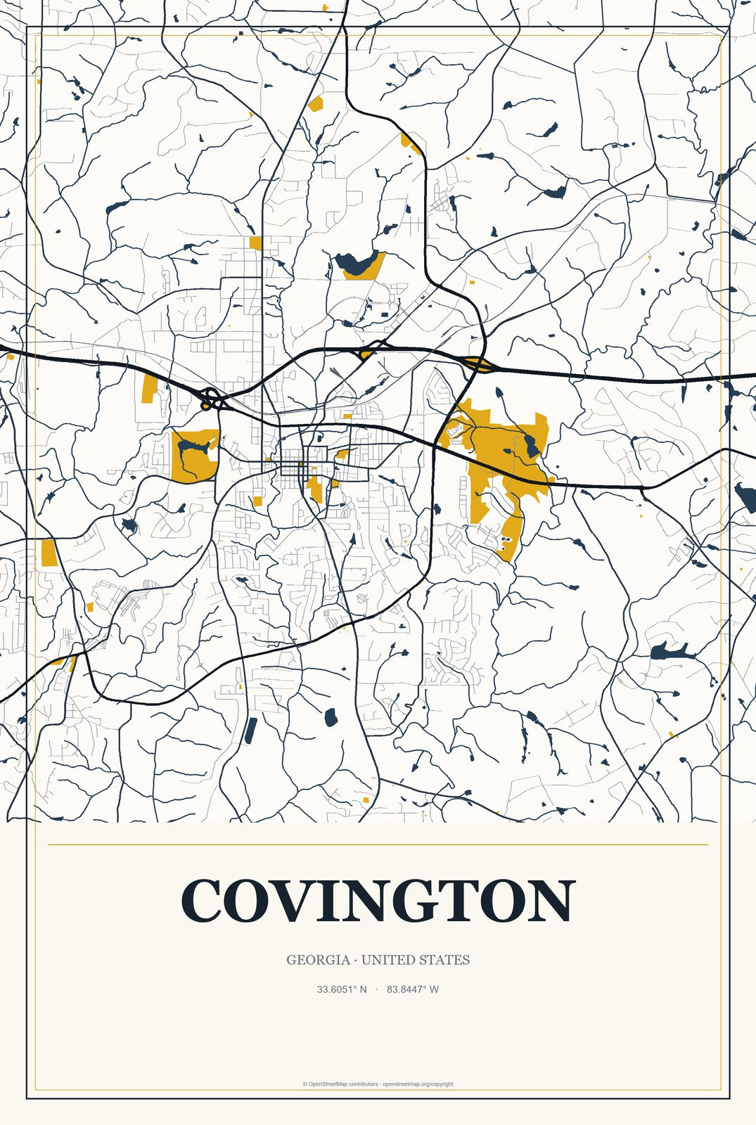 Covington, Georgia City Map Aluminum Sign in Citrine Modern style