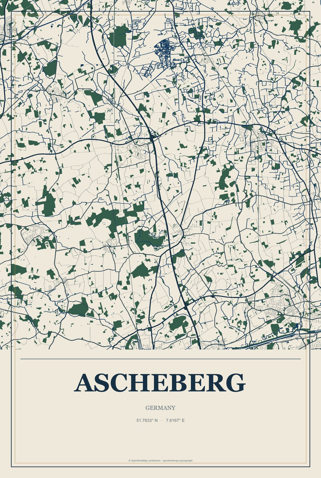 Ascheberg, Germany City Map Aluminum Sign in Coastal Cutout style
