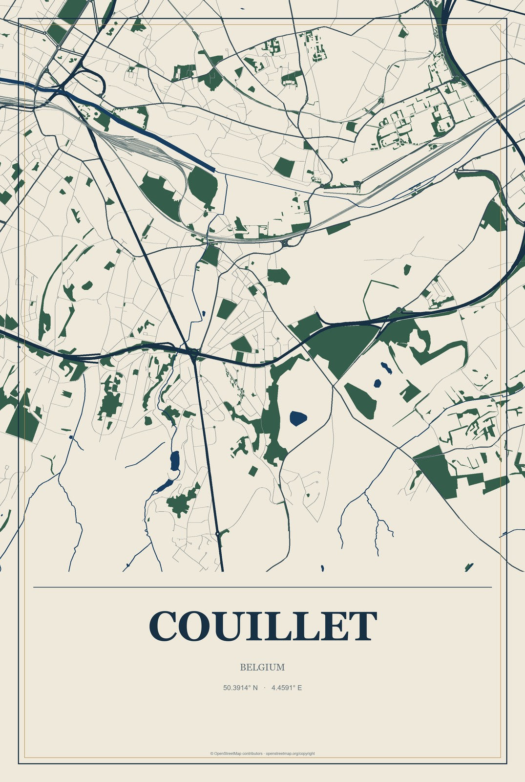 Couillet, Belgium City Map Aluminum Sign in Coastal Cutout style