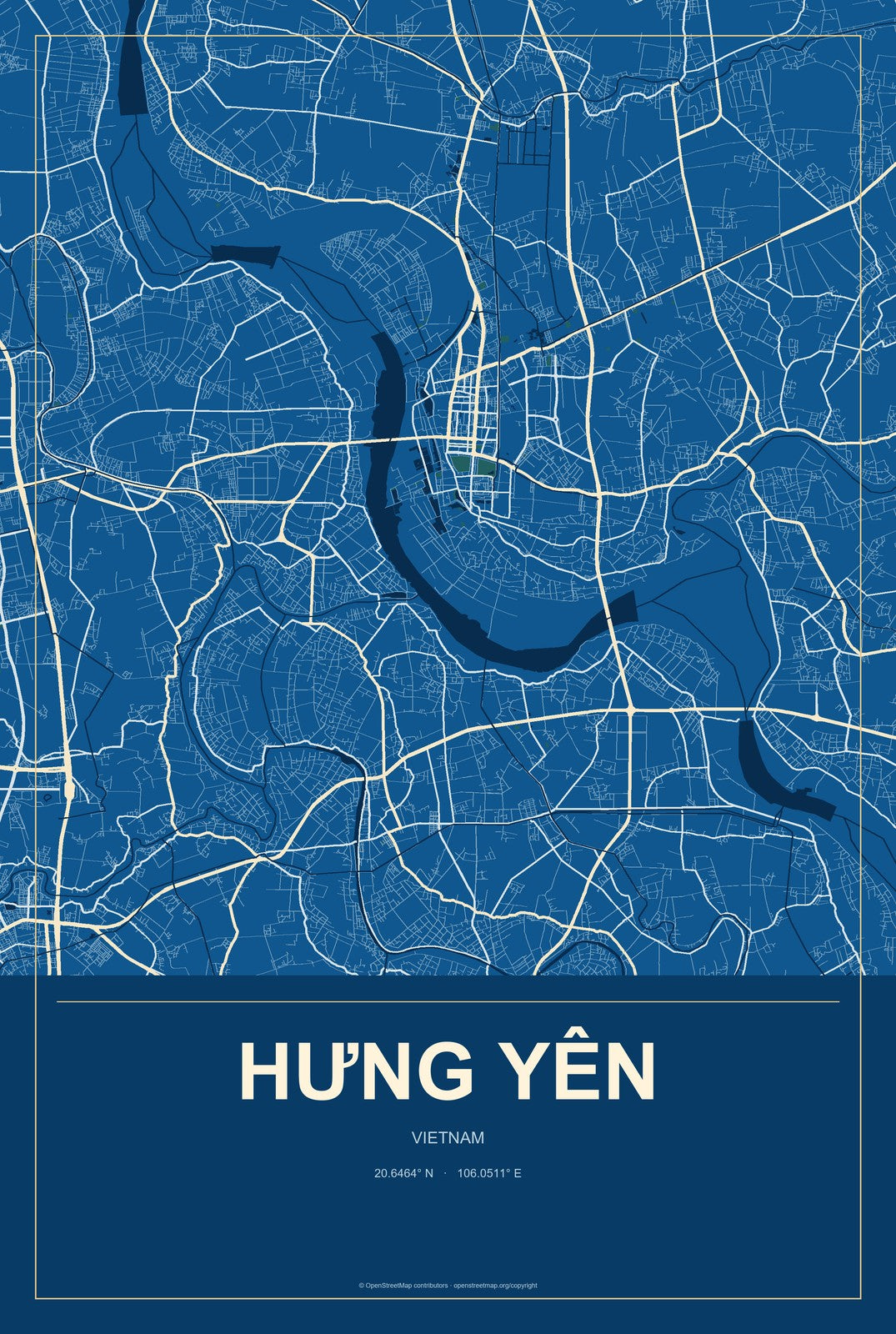 Hưng Yên, Vietnam City Map Aluminum Sign in Harbor Cobalt style