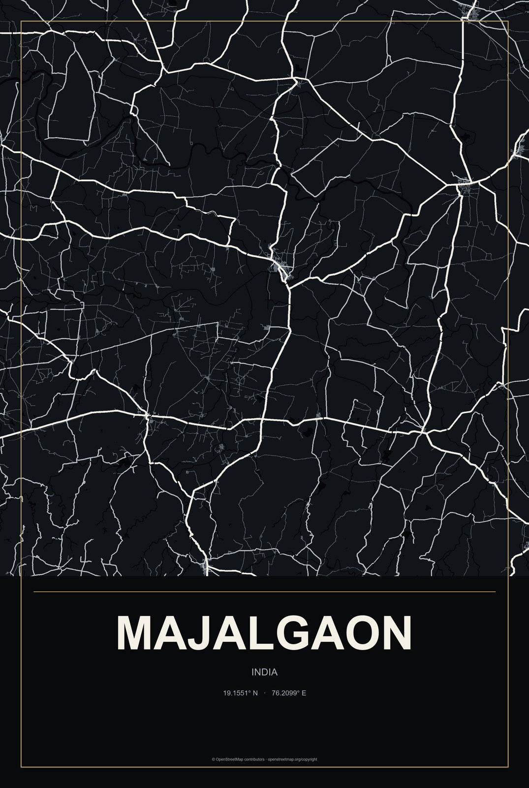 Majalgaon, India City Map Aluminum Sign in Metropolitan Noir style