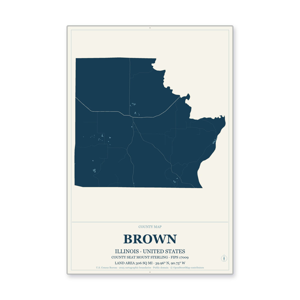 Brown County, Illinois Map Aluminum Sign in Coastal Cutout style