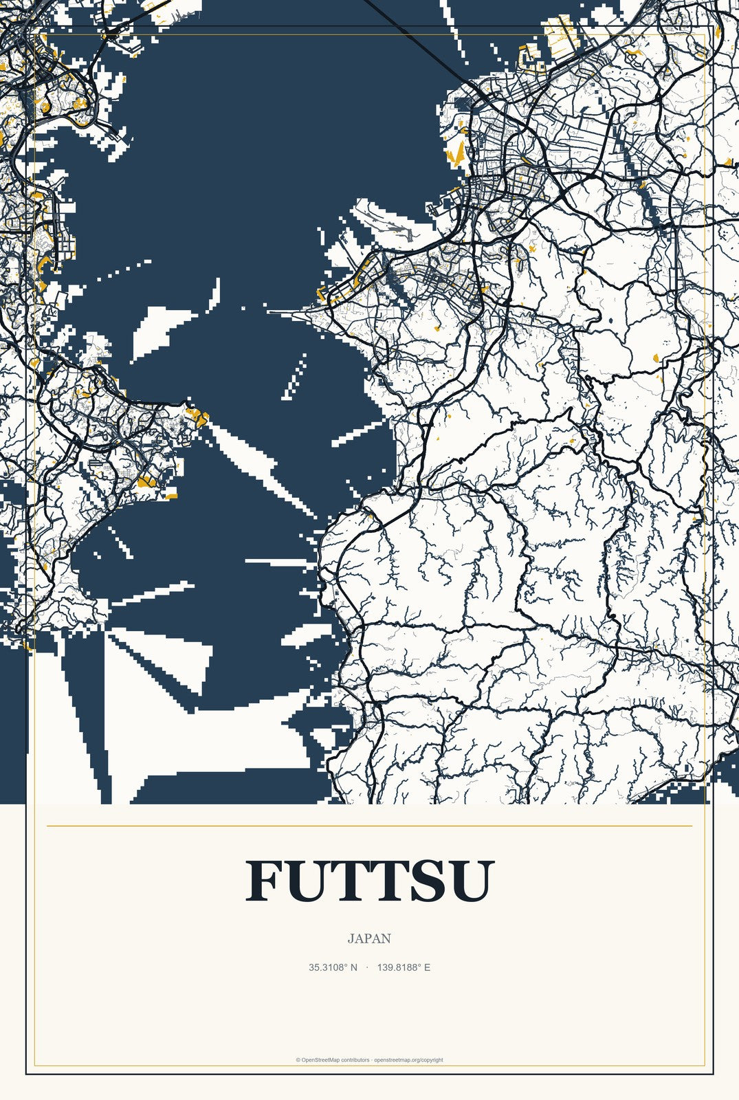 Futtsu, Japan City Map Aluminum Sign in Citrine Modern style