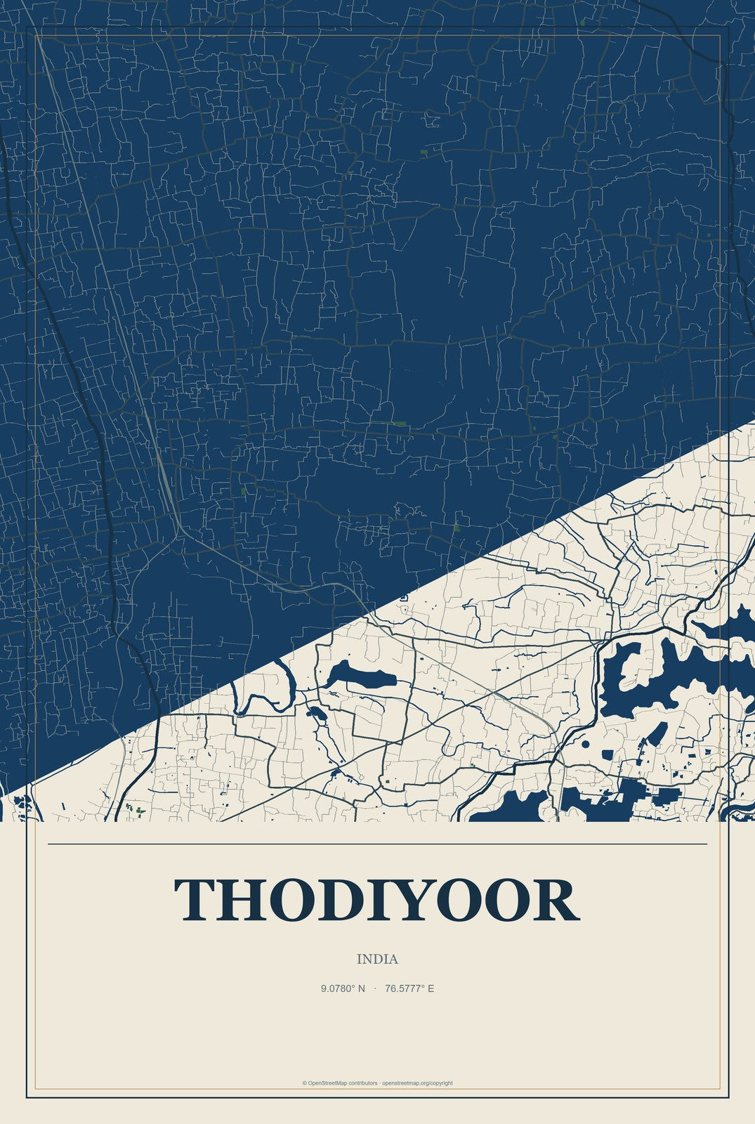 Thodiyoor, India City Map Aluminum Sign in Coastal Cutout style