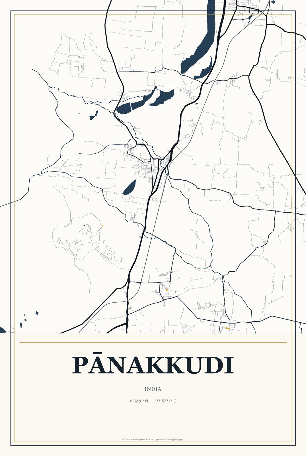 Pānakkudi, India City Map Aluminum Sign in Citrine Modern style