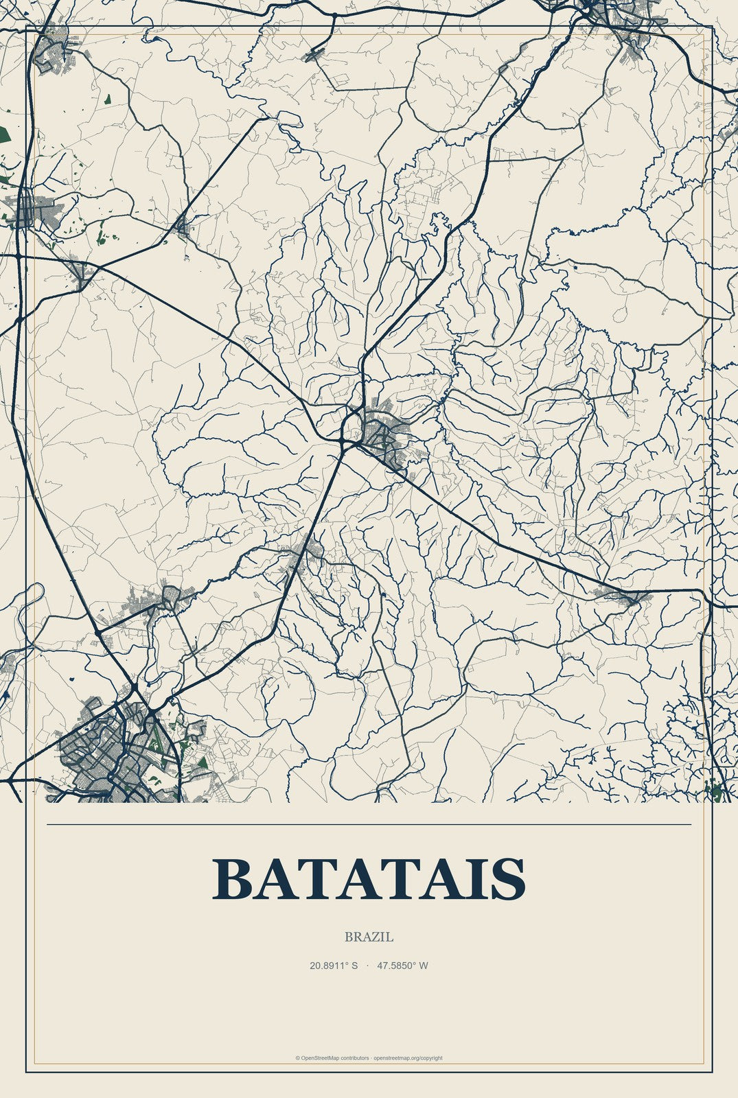 Batatais, Brazil City Map Aluminum Sign in Coastal Cutout style
