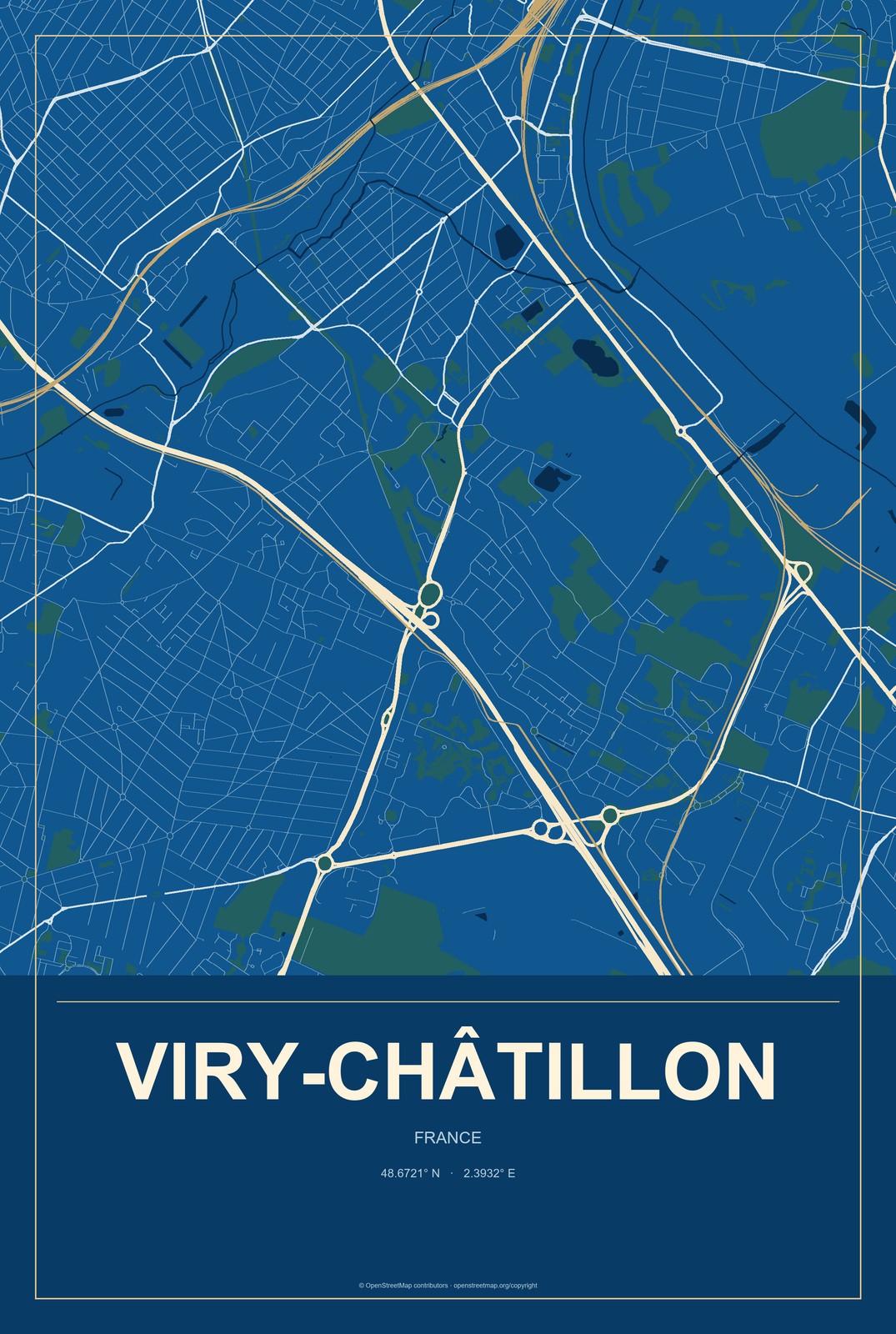 Viry-Châtillon, France City Map Aluminum Sign in Harbor Cobalt style