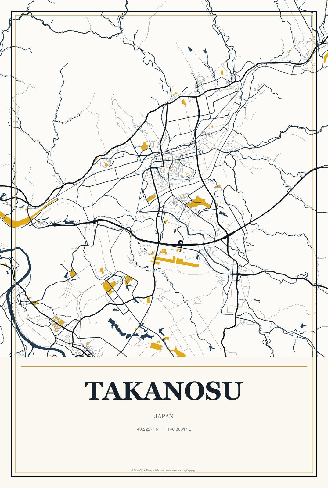 Takanosu, Japan City Map Aluminum Sign in Citrine Modern style