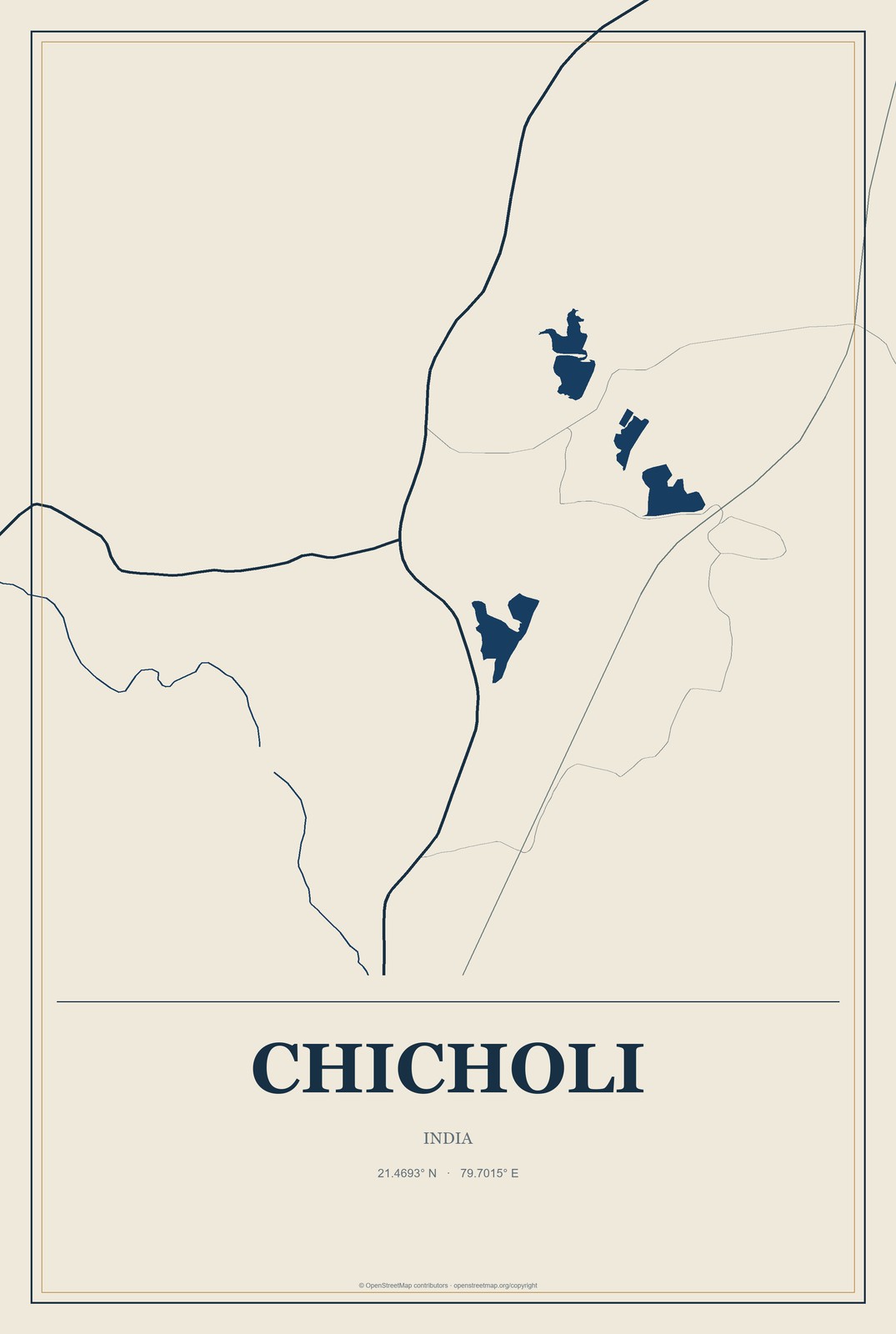 Chicholi, India City Map Aluminum Sign in Coastal Cutout style