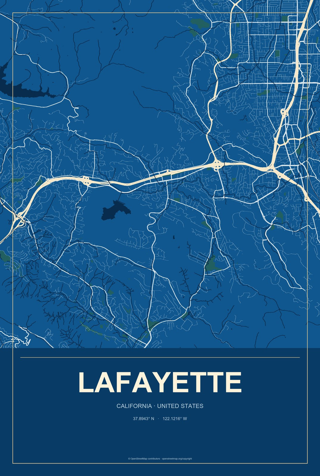 Lafayette, California City Map Aluminum Sign in Harbor Cobalt style