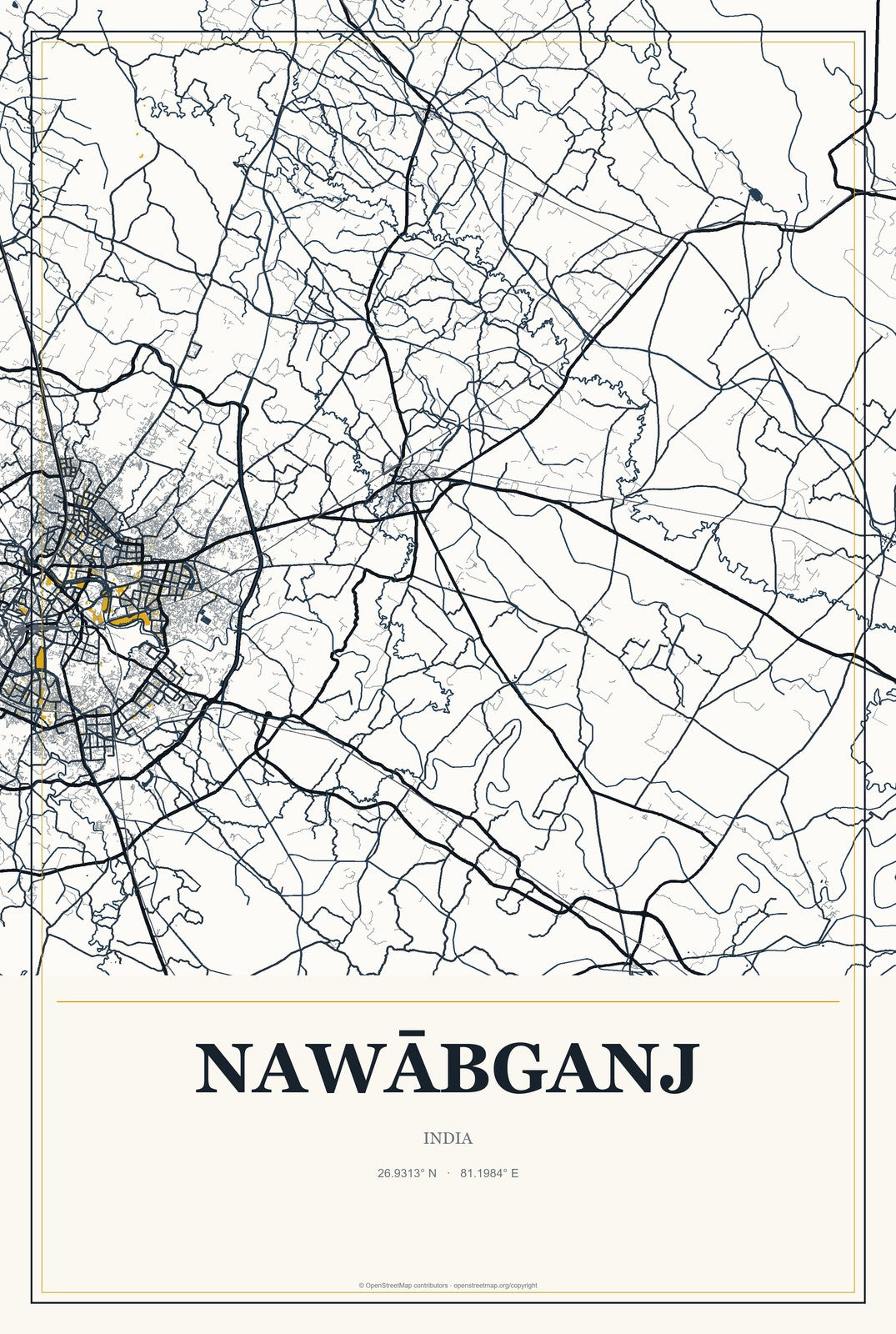 Nawābganj, India City Map Aluminum Sign in Citrine Modern style