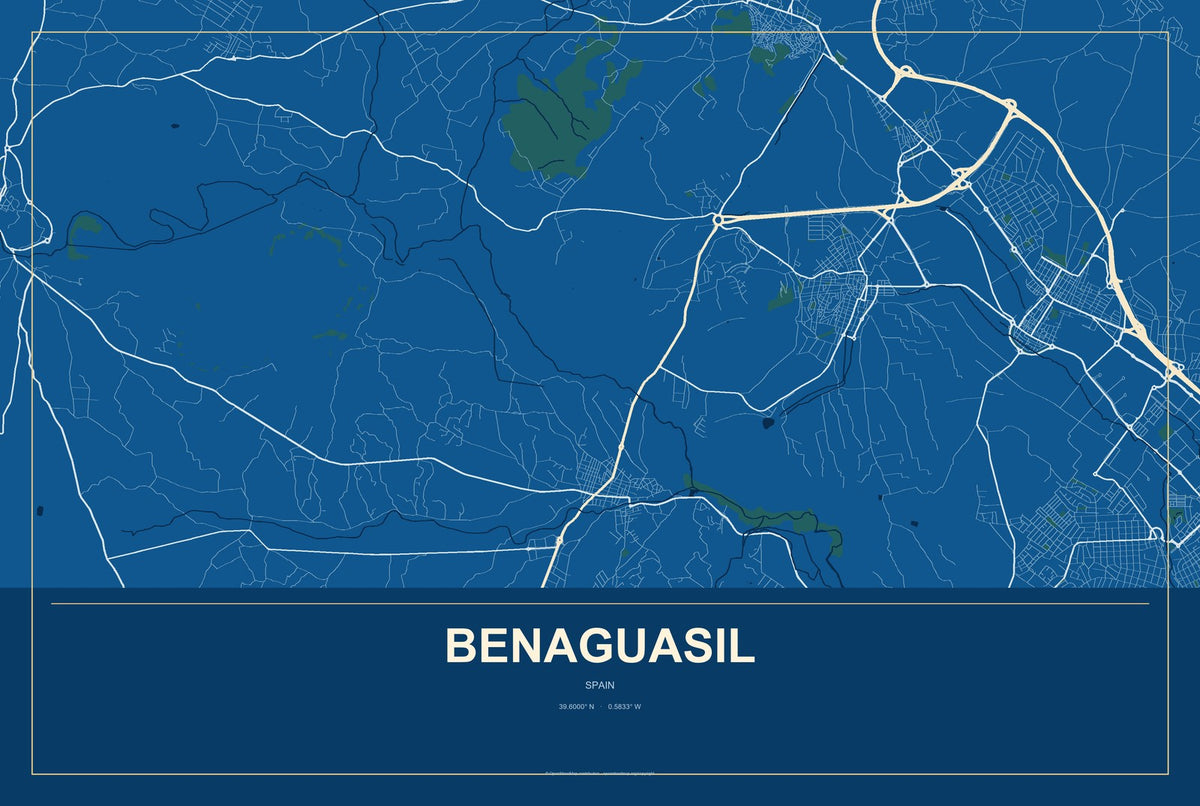 Benaguasil, Spain City Map Aluminum Sign in Harbor Cobalt style
