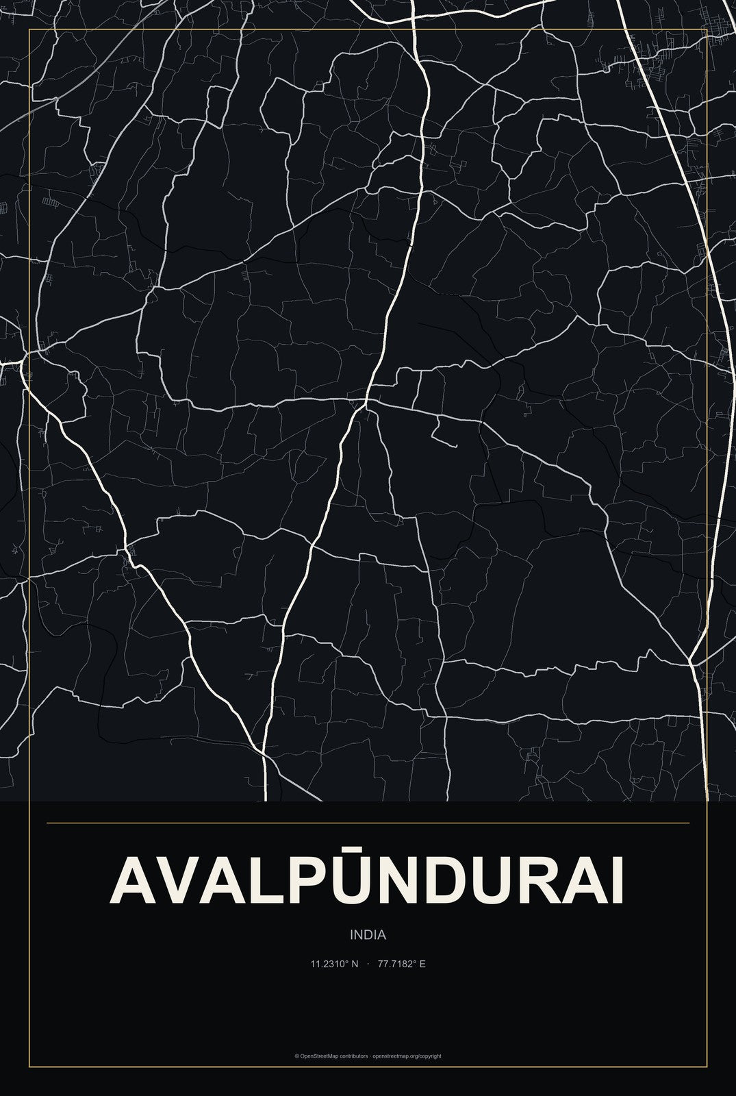 Avalpūndurai, India City Map Aluminum Sign in Metropolitan Noir style