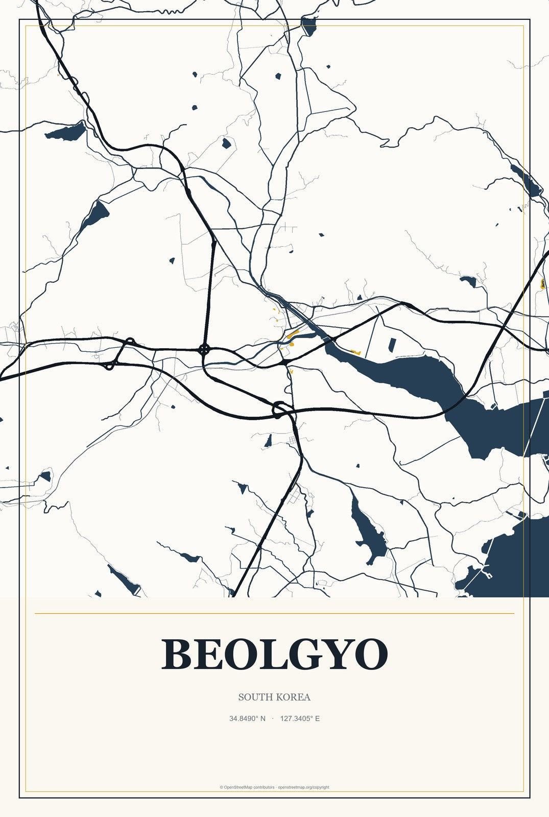 Beolgyo, South Korea City Map Aluminum Sign in Citrine Modern style
