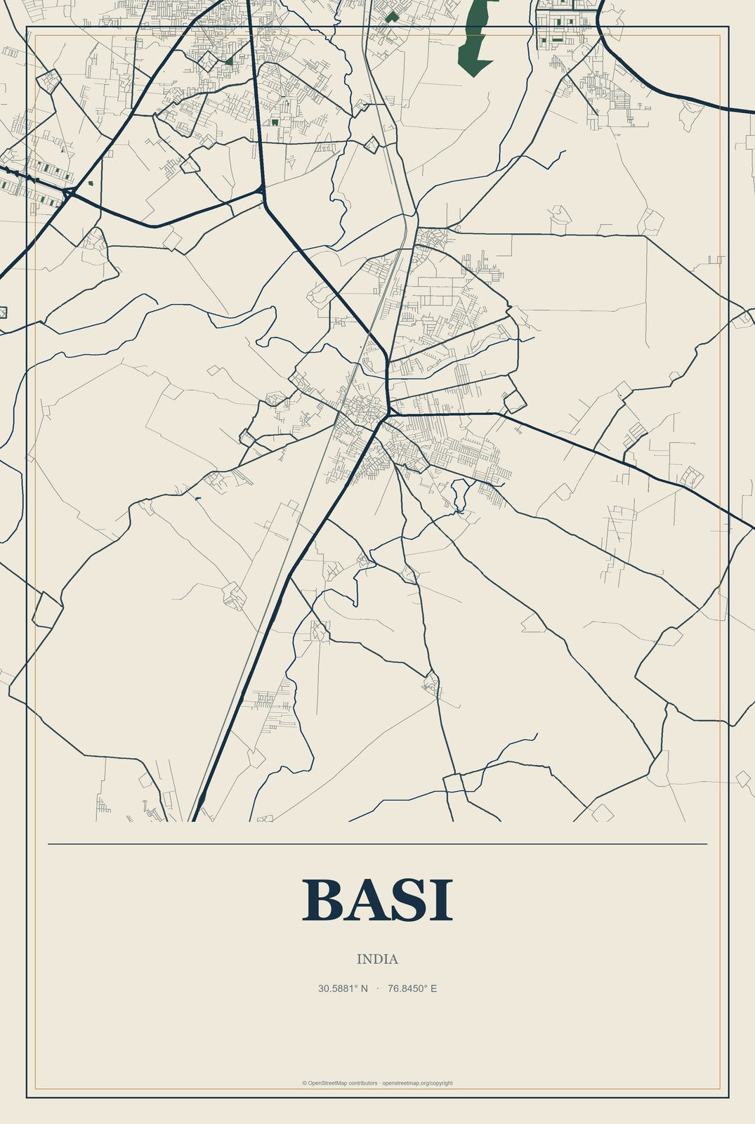 Basi, Punjab, India City Map Aluminum Sign in Coastal Cutout style