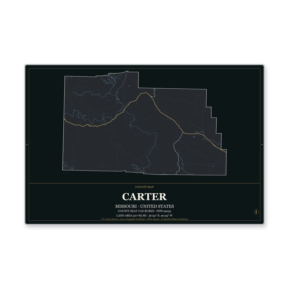 Carter County, Missouri Map Aluminum Sign in Metropolitan Noir style