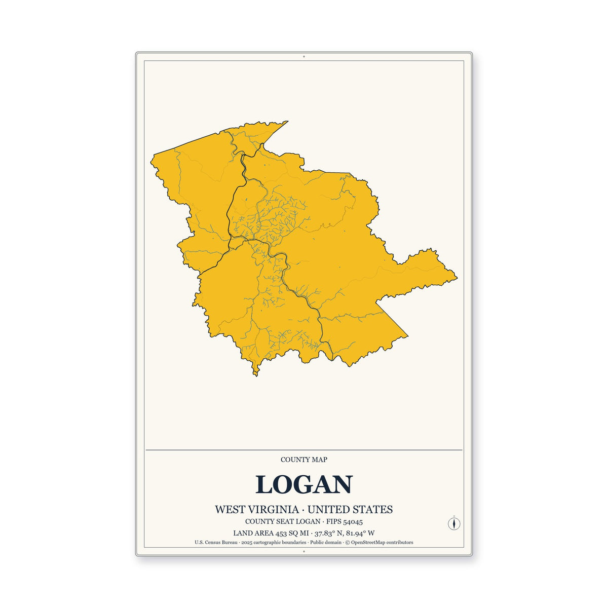 Logan County, West Virginia Map Aluminum Sign in Citrine Modern style