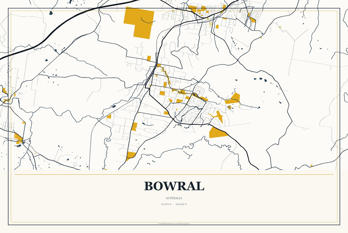 Bowral, Australia City Map Aluminum Sign in Citrine Modern style