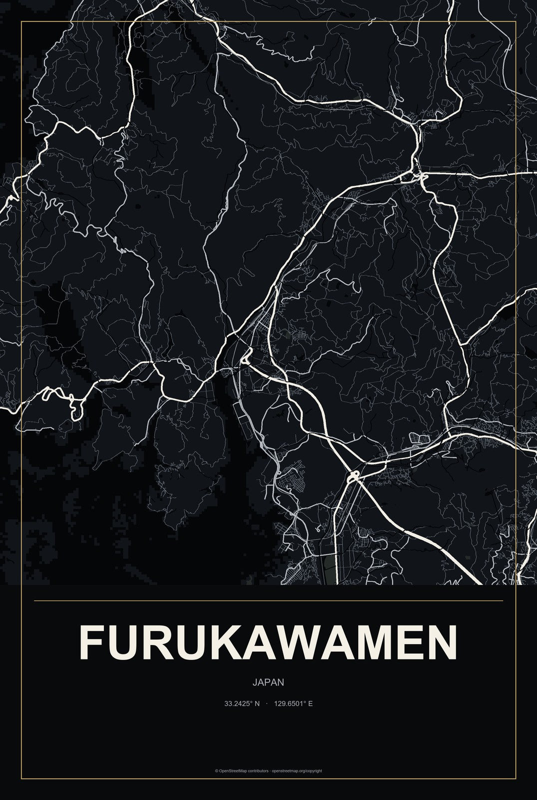 Furukawamen, Japan City Map Aluminum Sign in Metropolitan Noir style