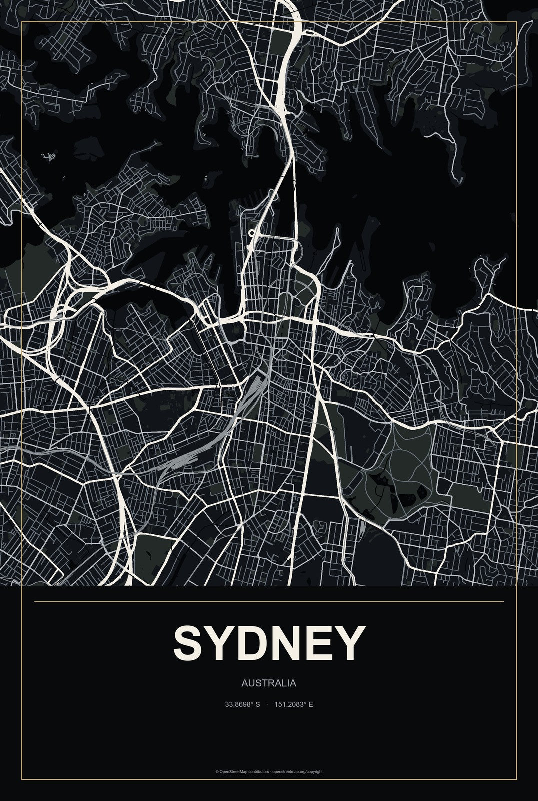 Sydney, Australia City Map Aluminum Sign in Metropolitan Noir style