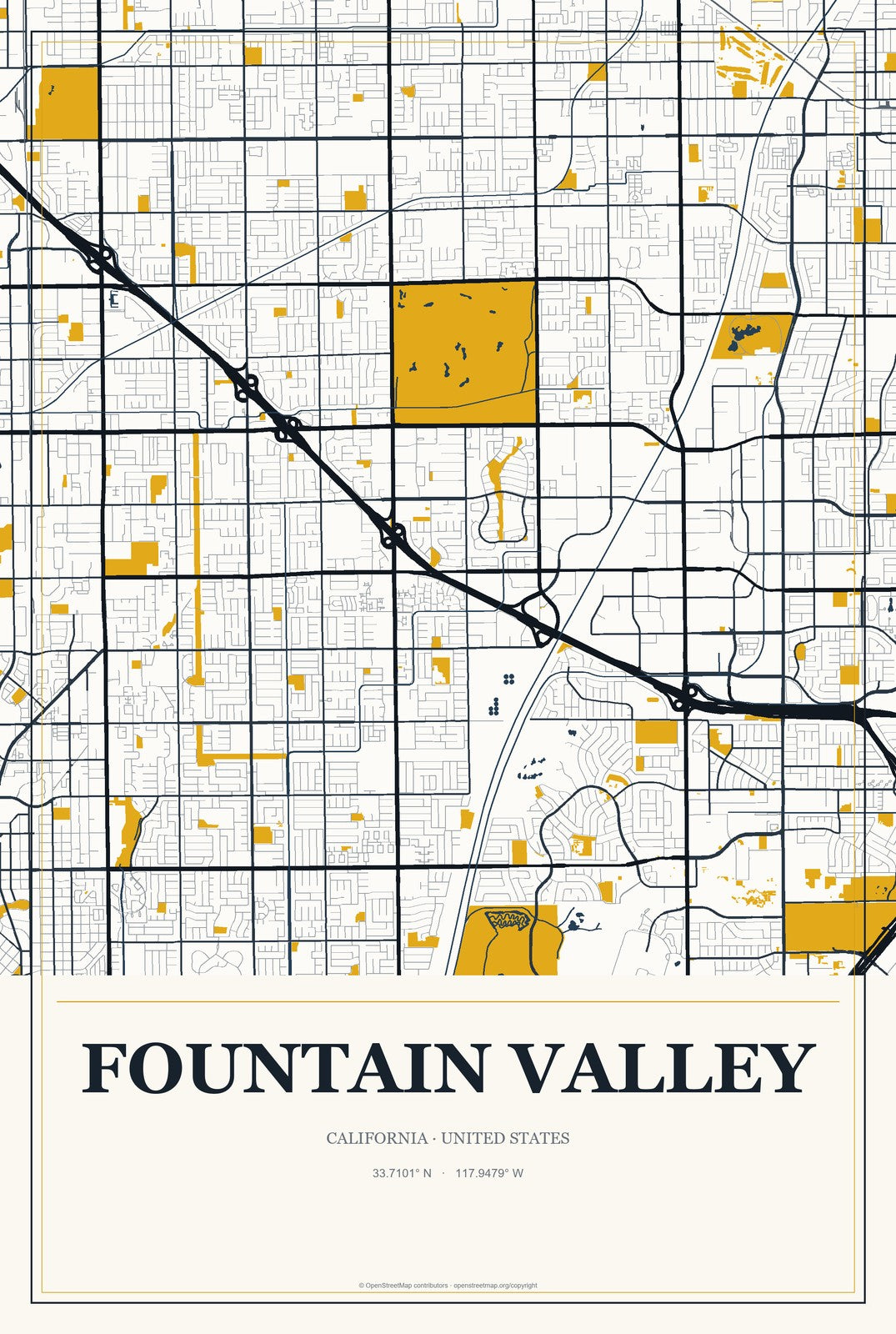 Fountain Valley, California City Map Aluminum Sign in Citrine Modern style