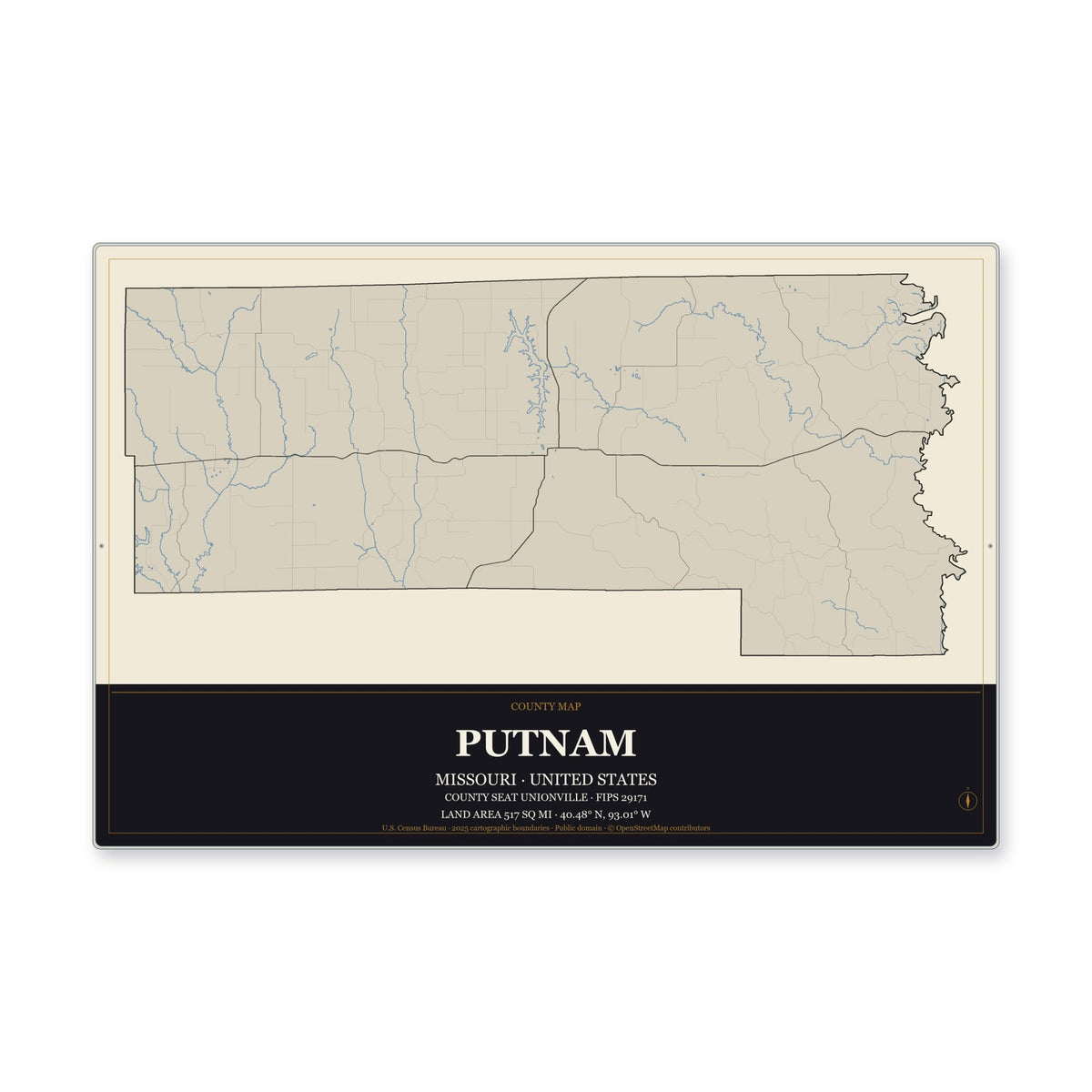 Putnam County, Missouri Map Aluminum Sign in Museum Plaque style