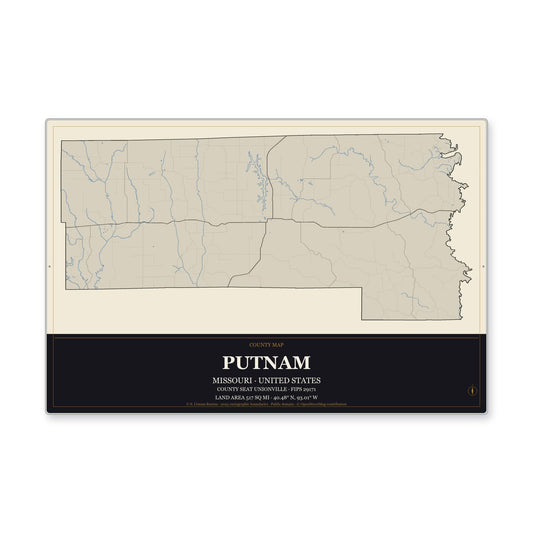 Putnam County, Missouri Map Aluminum Sign in Museum Plaque style