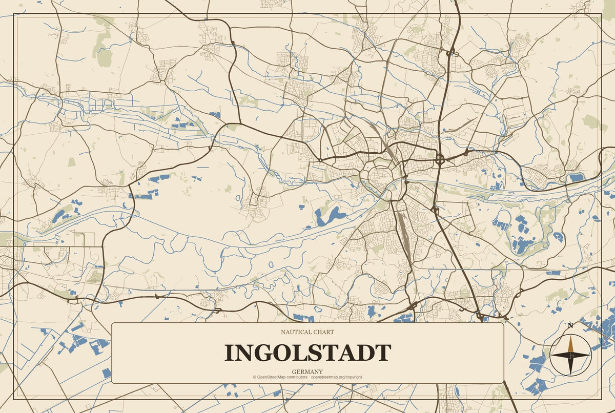 Ingolstadt, Germany City Map Aluminum Sign in Heritage Nautical style