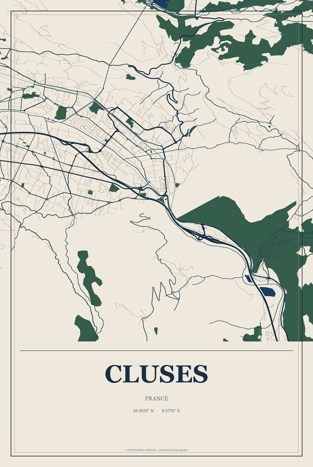 Cluses, France City Map Aluminum Sign in Coastal Cutout style