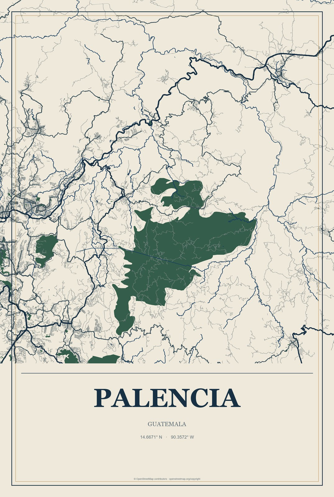 Palencia, Guatemala City Map Aluminum Sign in Coastal Cutout style
