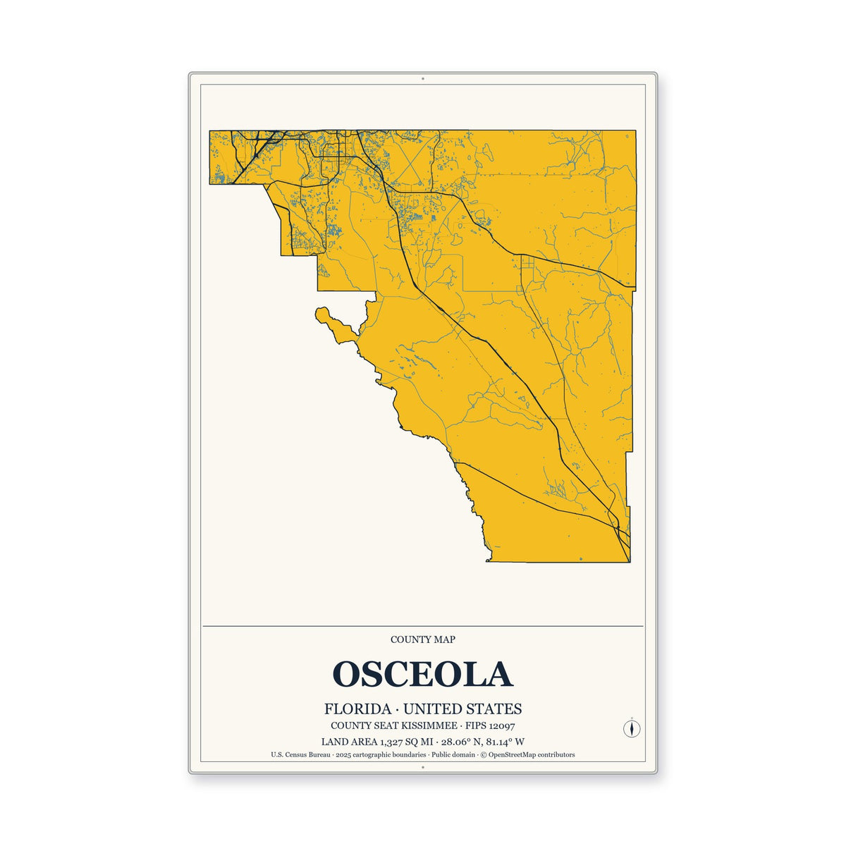 Osceola County, Florida Map Aluminum Sign in Citrine Modern style