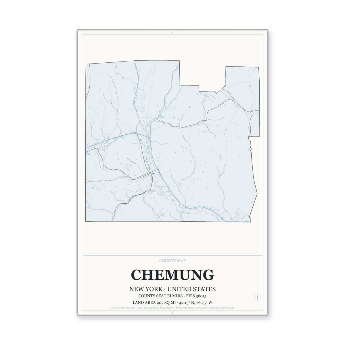 Chemung County, New York Map Aluminum Sign in Gallery Air style