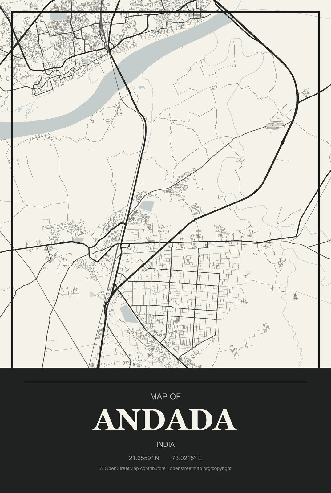 Andada, India City Map Aluminum Sign in Museum Plaque style