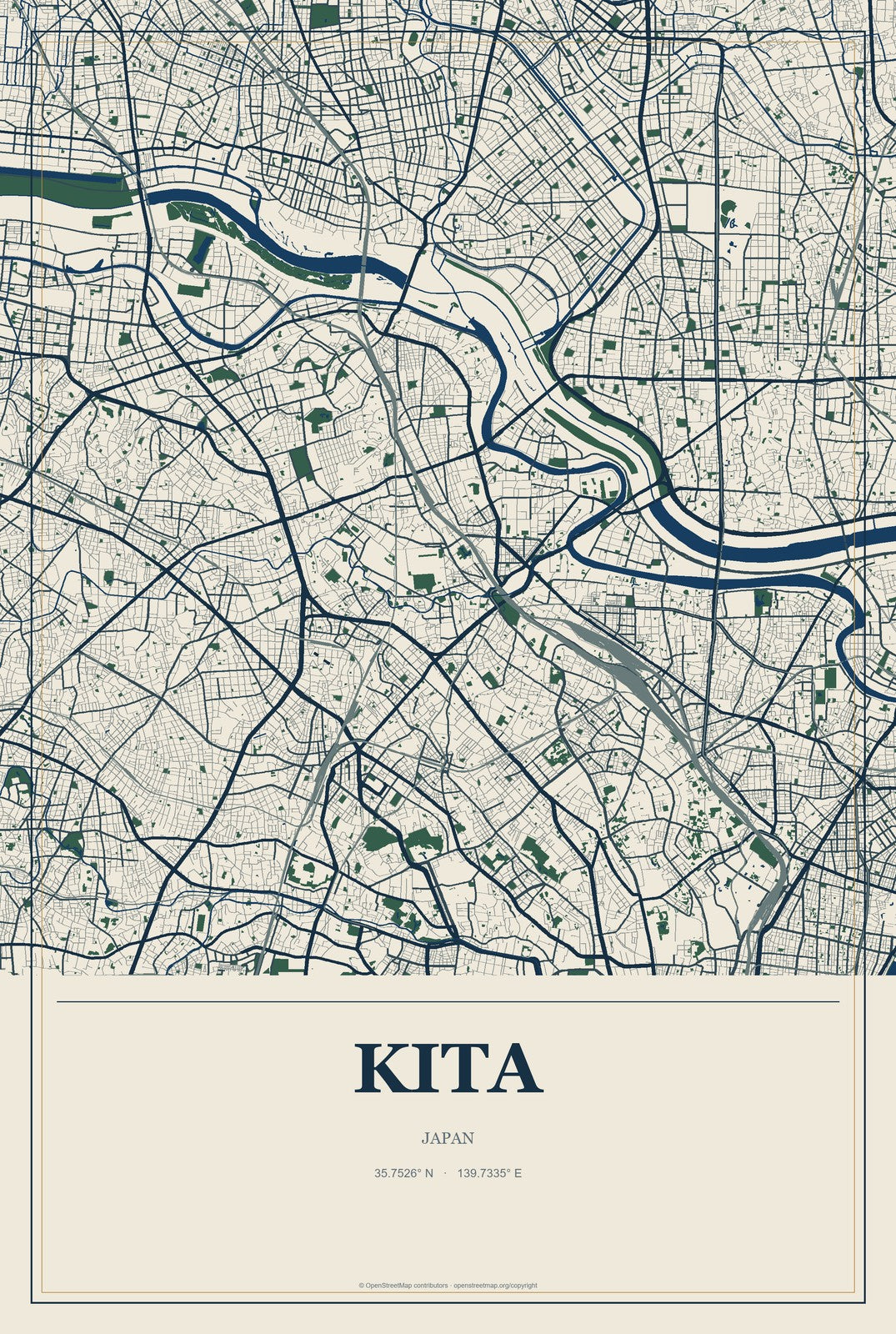Kita, Japan City Map Aluminum Sign in Coastal Cutout style