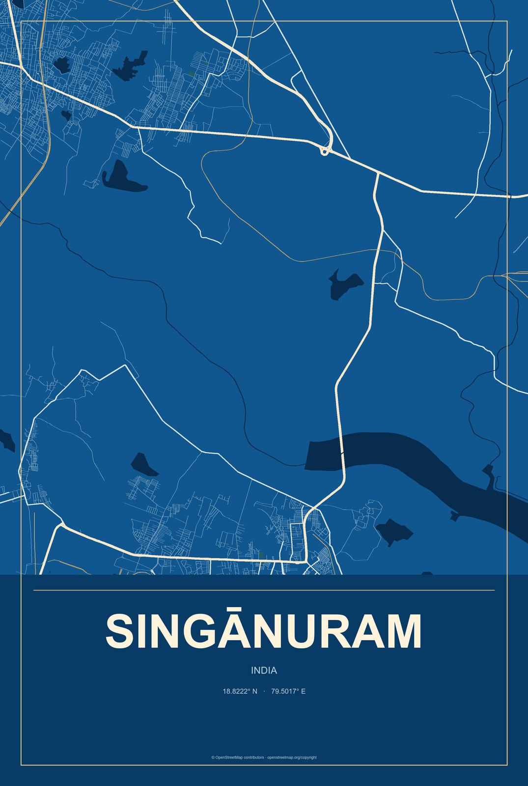 Singānuram, India City Map Aluminum Sign in Harbor Cobalt style